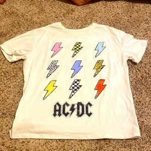 A white AC/DC lightning bolt shirt